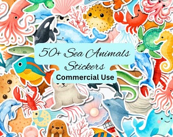 50+ Meerestiere Aufkleber, Meerestiere Bundle, kommerzielle Nutzung (digitaler Download)