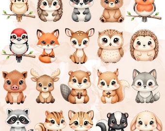 Kawaii Waldtier Clipart Set, 20 PNG JPEG Designs (Digitaler Download), für kommerzielle Nutzung