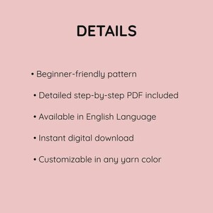May include: A light pink background with the word "DETAILS" in black. Bullet points list features: beginner-friendly pattern, detailed PDF, English language availability, instant download, and customizable yarn colors.