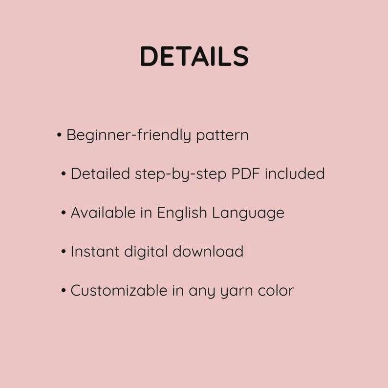 May include: A light pink background with the word "DETAILS" in black. Bullet points list features: beginner-friendly pattern, detailed PDF, English language availability, instant download, and customizable yarn colors.