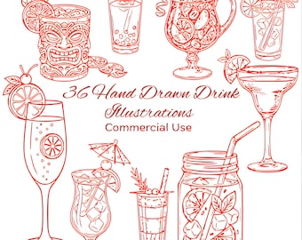 36 Handgezeichnetes Getränk und Champagner SVG, Cocktail Art, digitaler Download