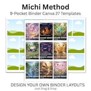 Puede incluir: Un conjunto de plantillas digitales titulado Michi Method 9-Pocket Binder Canva 27 Templates. El diseño presenta una cuadrícula de nueve espacios para tarjetas coleccionables con ilustraciones de criaturas y marcos de muestra.