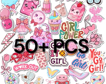 Girly Rosa ästhetische Aufkleber | 50+ PNG-Bundle (Digitaler Download)