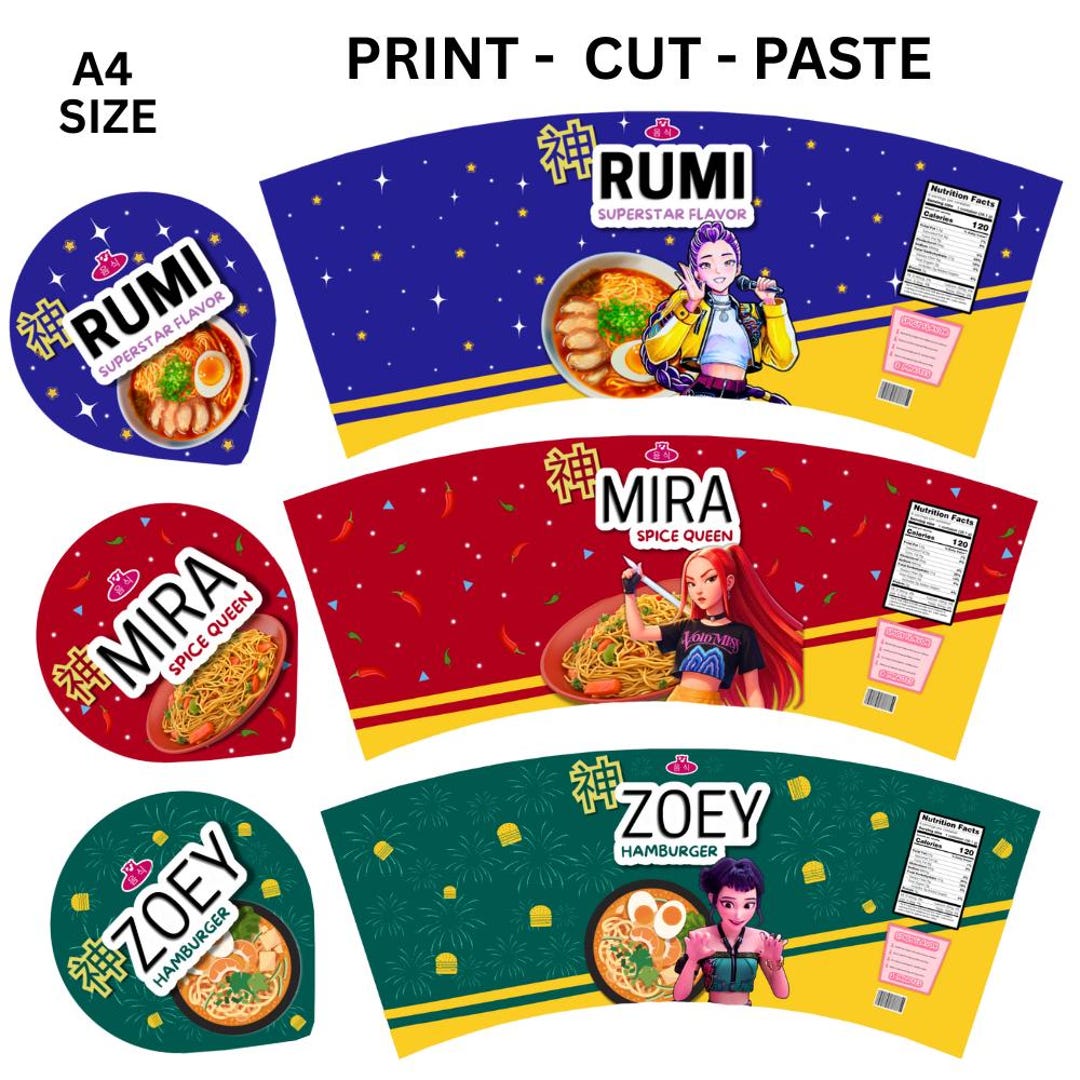 Kpop Anime Ramen Cup Noodle Labels: Rumi, Mira, Zoey (PDF Download