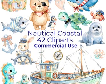 Nautische Küsten Aquarell Clipart Bundle, Ocean Marine Kindergarten Kunst (digitaler Download)