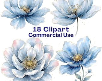 Blau Gold abstrakte Aquarell Blumen Clipart Set (digitaler Download)