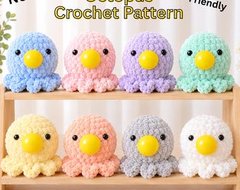 Può includere: Otto polpi all'uncinetto in blu, rosa, viola, menta, giallo, pesca, grigio e bianco, ognuno con naso giallo e occhi neri. Testo: No Sew Octopus Crochet Pattern Beginner Friendly.