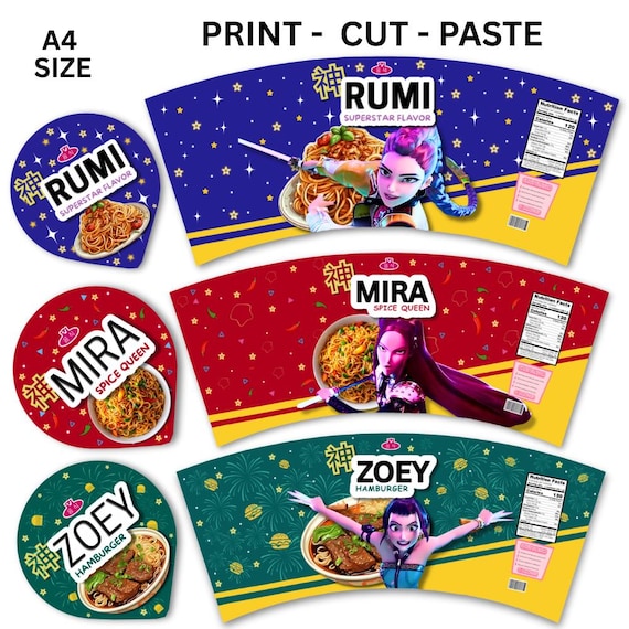 3 Kpop Demon Hunters Ramen Noodle Labels, Mira Rumi Zoey Cup