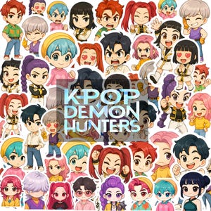 Kpop Demon Hunters 50+ Chibi Digital Stickers Bundle, Cute kawaii Chibi Pack, Sa-ja Boy Png, Hun-trix Png, Sa-ja Girls Bands Png,Mi.ra,Ru.mi