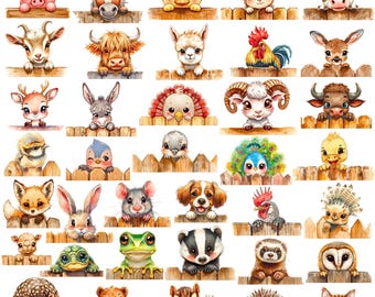 spähende Tiere Clipart Bundle, Aquarell Bauernhaus Stil, kommerzielle Nutzung (digitaler Download)