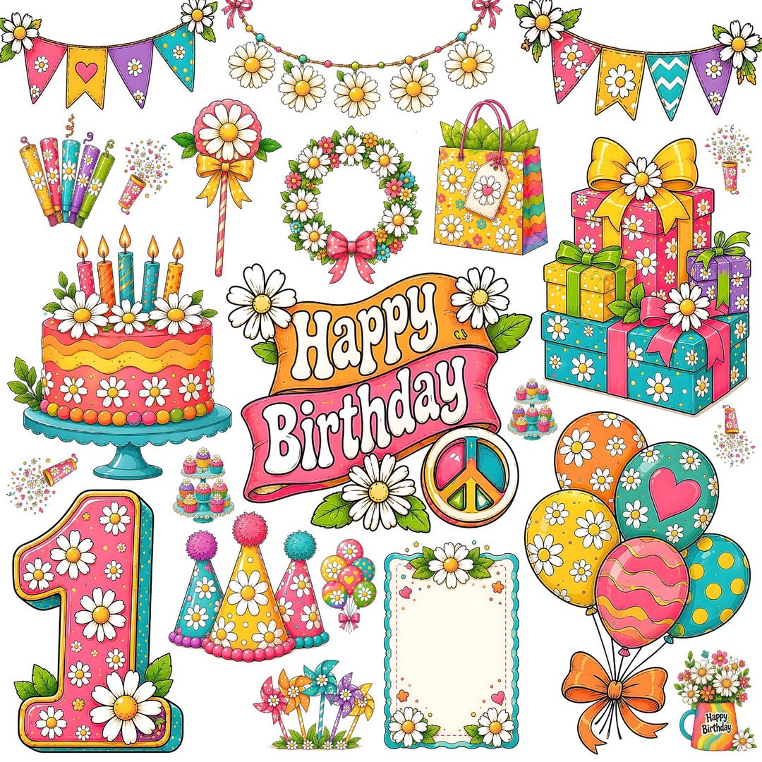 36 Daisy Floral Birthday Theme Clipart Bundle Birthday Decor 36-daisy-floral-birthday-theme-clipart-bundle-birthday-decor