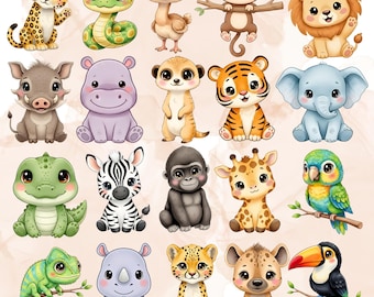 Kawaii Safari Tiere Clipart Set, Kommerzielle Nutzung (Digitaler Download)