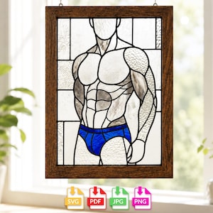 Glas-in-loodpatroon van een mannelijk torso, sjabloon voor een raamhanger met een gespierde bodybuilder (digitale download)