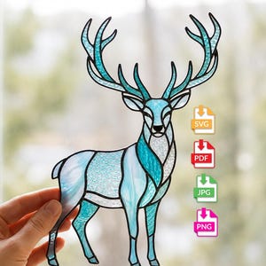 Deer Stained Glass Pattern Svg, Large Antler Buck Suncatcher Digital Download, Ice Blue Stag Glass Template Pdf Png Jpg