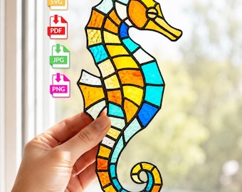 Seahorse Stained Glass Pattern Svg, Seahorse Suncatcher Digital Download, Mosaic Ocean Glass Template Pdf Png Jpg