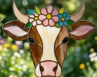 Floral Cow Stained Glass Pattern, Farm Animal Suncatcher, Numbered Unnumbered (Digital Download)