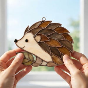 May include: A stained glass suncatcher shaped like a hedgehog, featuring a cream-coloured face and layered brown and tan glass pieces for the quills. The piece includes a small metal loop at the top for hanging and dark solder lines between segments.