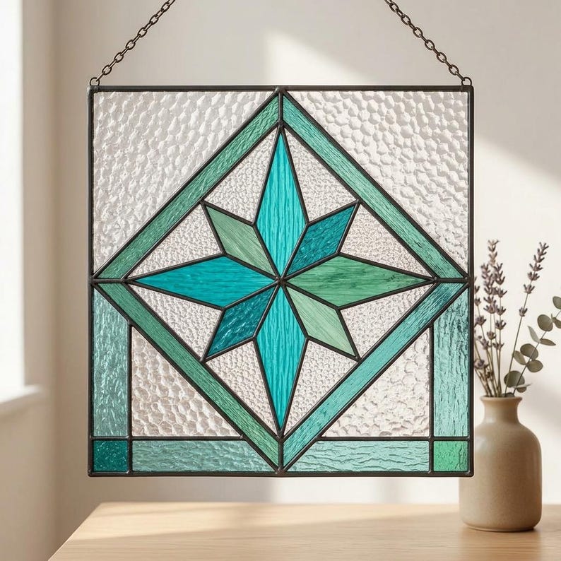 Stained Glass Example Pattern Teal Geometric Flower Stained Glass Pattern Template, Floral Suncatcher ...