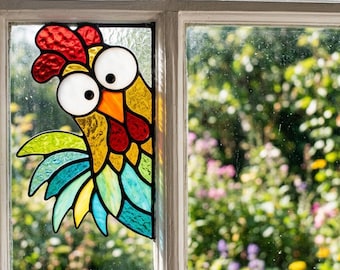 Colorful Rooster Stained Glass Pattern, Farmhouse Corner Suncatcher Template (Digital Download)