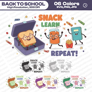 Snack Learn Repeat Clipart, Back to School Design (SVG, PNG, JPG) image 1