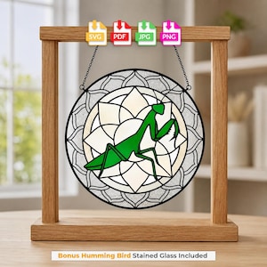 May include: A circular stained glass panel featuring a green praying mantis centered within a white geometric mandala pattern. The panel hangs from a wooden stand. Icons for SVG, PDF, JPG, and PNG file formats are displayed above the panel.