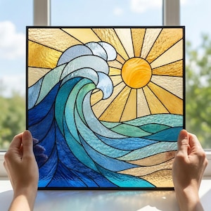 May include: A square stained glass panel featuring a large, curling ocean wave in shades of deep blue, turquoise, and light blue. A bright yellow sun with radiating beams fills the upper right corner against a pale yellow sky background.