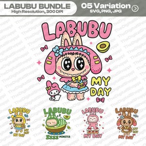 Clipartbundel Labubu Bunny: Kawaii Chibi-ontwerpen (digitale download SVG, PNG, JPG)