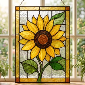 May include: A rectangular stained glass panel featuring a large yellow sunflower with a dark brown center and green leaves. The sunflower is set against a textured clear glass background, framed by a border of amber and yellow glass segments.