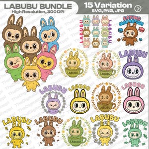 Labubu Bunny-clipartbundel: 15 kawaii-cartoonontwerpen (digitale download)