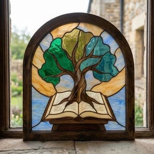 Tree of Knowledge Stained Glass Pattern, Open Book Suncatcher (Digital Download)