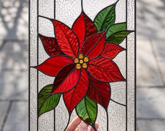 Plantilla de patrón de vidriera de flor de Pascua, arte floral navideño para ventanas, atrapasol floral rojo, descarga digital, SGV531.