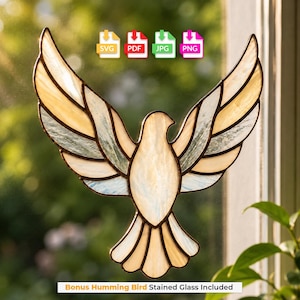 May include: A stained glass dove suncatcher with cream and iridescent white glass panels held together by dark metal solder lines. The bird is depicted with wings spread wide in flight. Includes digital files labeled SVG, PDF, JPG, and PNG.