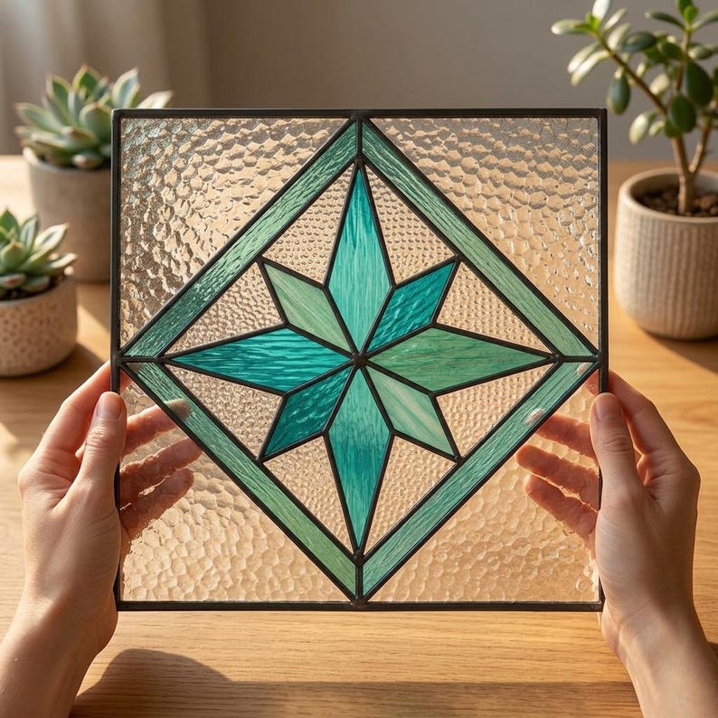 Stained Glass Example Pattern Teal Geometric Flower Stained Glass Pattern Template, Floral Suncatcher ...