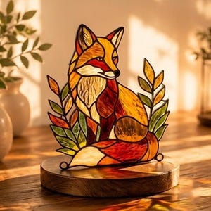 Puede incluir: Una figura de zorro de vitral con segmentos de vidrio naranja, rojo y amarillo con líneas de plomo oscuras. El zorro está rodeado de hojas de vidrio estilizadas y montado sobre una base circular de madera de tono natural para exhibición.