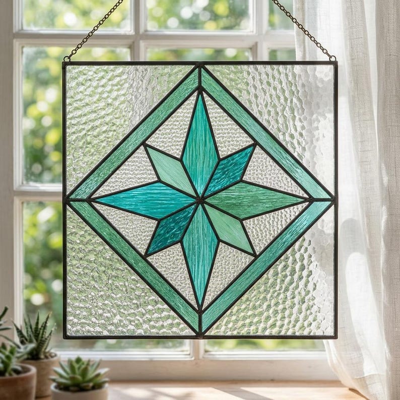 Stained Glass Example Pattern Teal Geometric Flower Stained Glass Pattern Template, Floral Suncatcher ...