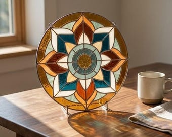 Geometrisch bloemenmandala-patroon in glas-in-loodstijl, ronde raamhanger (digitale download)