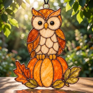 May include: A stained glass suncatcher featuring an owl perched on a pumpkin, accented with autumn leaves. The owl has amber and cream glass feathers with black eyes, while the pumpkin is orange. It includes a metal loop for hanging.