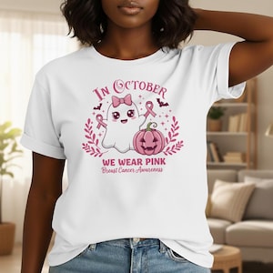 In October We Wear Pink Ghost Svg, Breast Cancer Awareness Halloween, Cute Pink Ribbon Spooky Shirt Design, Pink Ribbon, Fight Breast Cancer