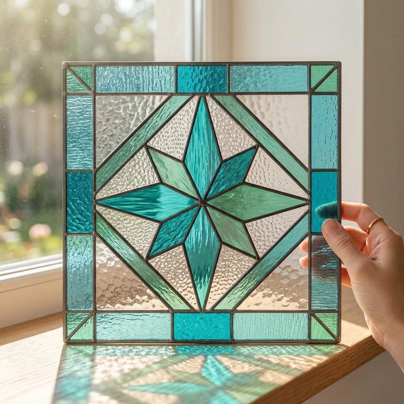 Stained Glass Example Pattern Teal Geometric Flower Stained Glass Pattern Template, Floral Suncatcher ...