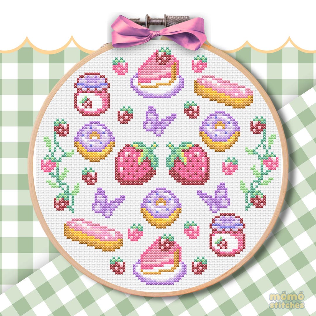 Strawberry Bakery Cross Stitch Pattern PDF – Cute Donuts, Cake & Jam ...