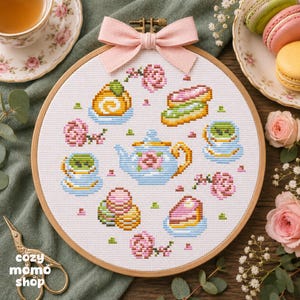 Kruissteekpatroon PDF: Theefeestje met theepot, theekopjes, macarons en taart – Leuk pastelkleurig dessertborduurwerk – Cottagecore handwerk – Direct te downloaden