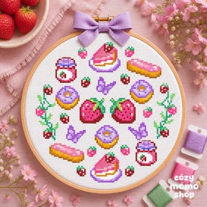 Strawberry Bakery Cross Stitch Pattern PDF – Cute Donuts, Cake & Jam Jar – Kawaii Dessert Embroidery Design – Instant Download