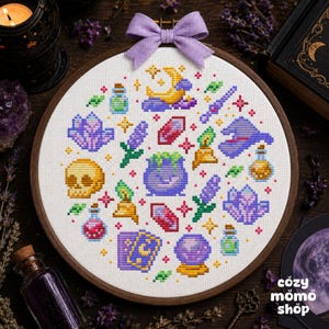 Witchy Cross Stitch Pattern PDF, Cute Halloween Embroidery Pattern, Cauldron Skull Tarot Magic Design, Kawaii Gothic DIY Needlework