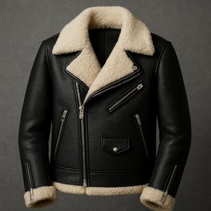 Men’s Black Shearling Leather Jacket – Aviator Biker Style with Cream Fur Collar & Lining