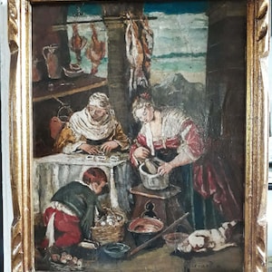 Painting on wood, Venetian school, rustic scene