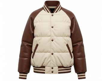 Men’s Varsity Puffer Jacket | Brown & Cream Letterman Bomber | Retro Collegiate Style Winter Jacket