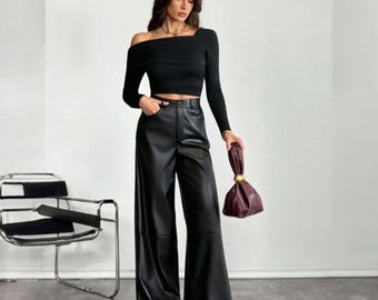 Real Leather Wide Leg Pants Women, High Waist Black Leather Trousers, Luxury Minimalist Statement Pants