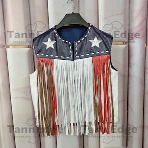 Handmade Patriotic Leather Fringe Vest – American Flag Biker Vest in Red, White & Blue