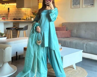 Sheesha Silk Farshi Shalwar Suit, Pakistani Indian Wedding Outfit, 3 Piece Dress with Dupatta, Modest Formal Wear for Women