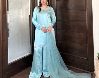 Farshi Plazo Suit Shamooz Silk, Pakistani Indian Dress, Designer Wedding Outfit, Elegant Party Wear